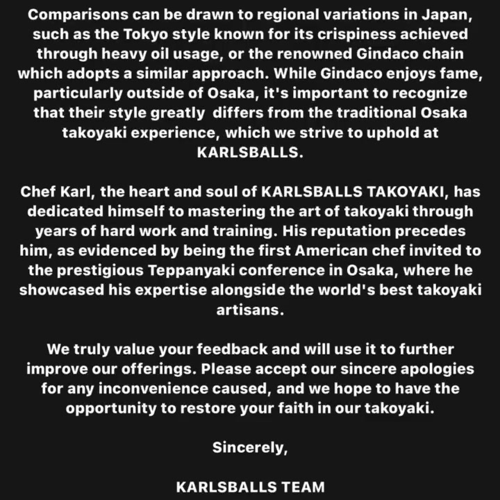 The reply letter, part 2 — Tokyo style and Gindaco's crispiness compared with traditional Osaka takoyaki; Chef Karl's years of training; an apology and the hope to restore the customer's faith — signed, KARLSBALLS TEAM